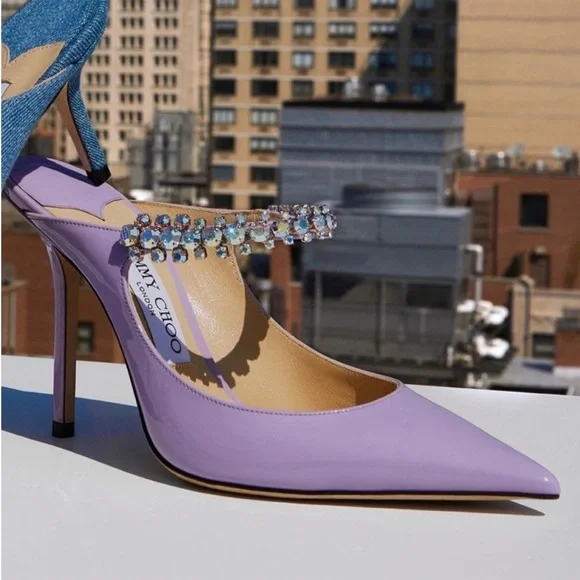 New JIMMY CHOO Bing 100 Lilac crystal-embellished patent-leather mules $1,095 - Picture 7 of 16